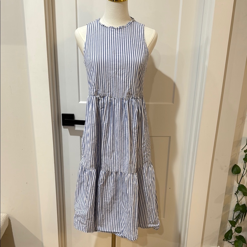 J. Crew Size 0 Blue Sleeveless Midi Dress Striped Tiered Lined Pockets Cotton.